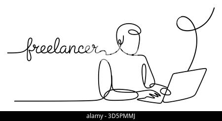 Un dessin au trait continu d'un freelance travaillant sur un ordinateur portable moderne Illustration de Vecteur