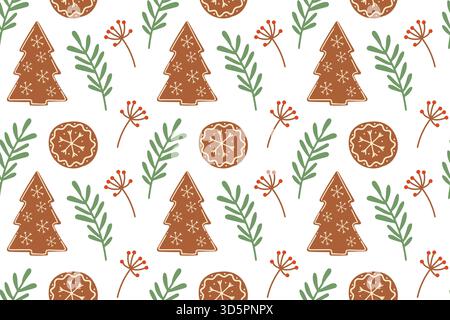 Motif sans couture. Biscuits mignons de Noël en pain d'épices, délicieux biscuits. Décoration festive dessinée à la main. Parfait pour les cartes de vœux, affiches, nursery des Illustration de Vecteur