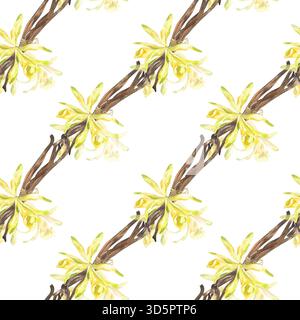 Gousses de bâton aromatique vanille avec motif aquarelle sans couture de fleurs d'orchidée jaune. Fond d'épices organiques sucrées dessinées à la main, nourriture de boulangerie et cosmet Banque D'Images