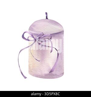 Bougie violette pastel avec illustration aquarelle de décoration de noeud en soie violette. Bougie de cire aromatique et de méditation dessinée à la main avec clipart d'arc girlish f Banque D'Images