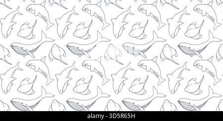 Modèle sans couture de style art de ligne avec baleine à bosse, requin, poisson raie et épaulard nageant dans l'océan. Contexte pour marine et Illustration de Vecteur