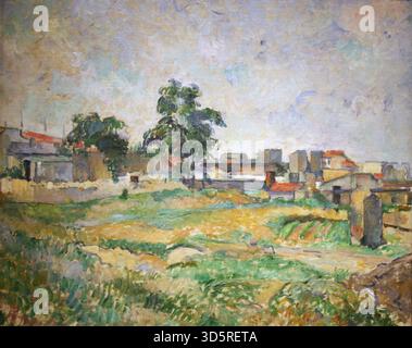 Cette peinture de Paul Cézanne, souvent appelée « paysage près de Paris », présente une scène de campagne près de Paris. Utilisant de l’huile sur toile, Cézanne utilise une palette mesurée et une composition structurée, préfigurant son approche ultérieure de la forme, de la couleur et de l’abstraction dans le paysage. Banque D'Images