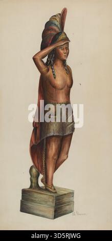 Figure en bois sculptée représentant un amérindien, connu sous le nom d'Indien Cigar Store, réalisée vers 1937 par Charles Bowman, avec des détails peints et une robe traditionnelle. Banque D'Images
