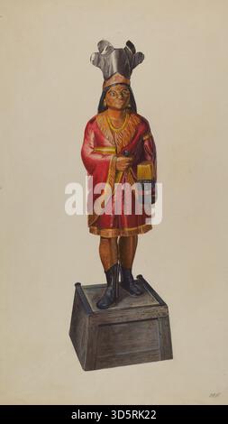 Figure indienne de magasin de cigares datant d'environ 1937 par Henry Tomaszewski, en bois, mettant l'accent sur les détails sculptés, le design traditionnel et son utilisation comme figure publicitaire commerciale. Banque D'Images