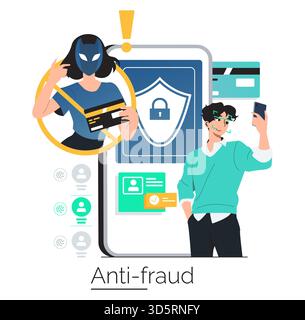 Illustration vectorielle illustrant les mesures antifraude. Un personnage masqué avec des cartes de crédit est rayé, tandis qu'une personne utilise la reconnaissance faciale sur un smartphone pour vérifier son identité en toute sécurité. Illustration de Vecteur