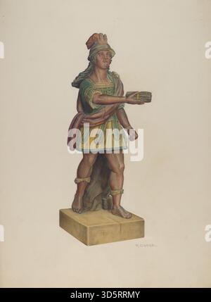 Une figure indienne sculptée de Cigar Store par Raymond Chard, représentant des figures publicitaires américaines traditionnelles, en bois avec une surface peinte et des caractéristiques détaillées. Banque D'Images