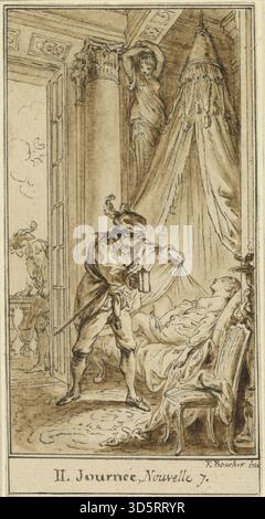 Illustration d'Hubert François Gravelot d'après François Boucher, vers 1757, représentant le duc d'Athènes observant la princesse endormie Alatiel. Comprend des lignes délicates, un style rococo, une composition de figures détaillée et des récits narratifs du XVIIIe siècle. Banque D'Images