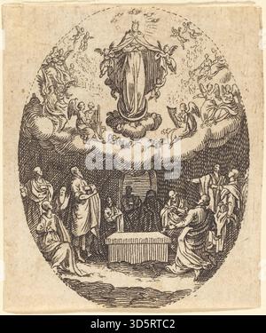 Gravure de Jacques Callot montrant l'Assomption de la Vierge Marie accompagnée d'un chérubin. Marie et le chérubin sont représentés en tenue d'époque, dans une scène architecturale ou céleste, mettant en évidence les gestes, les expressions et le symbolisme chrétien. Banque D'Images