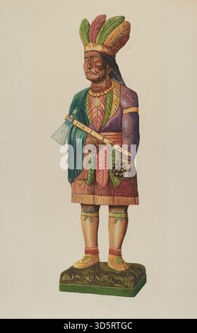 Cette figure indienne de magasin de cigares par Einar Heiberg, créée entre 1935 et 1942, présente une construction en bois sculpté, une surface peinte, et a été utilisée comme figure publicitaire de vitrine dans le commerce de détail américain. Banque D'Images