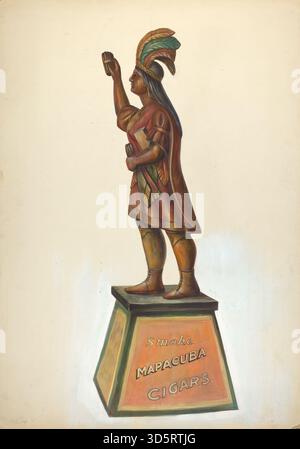 Figure américaine sculptée du XXe siècle d'un Indien Cigar Store datant d'environ 1937. La figure est faite de bois, peinte et conçue comme une figure commerciale, représentant des images amérindiennes pour l'affichage en magasin. Banque D'Images