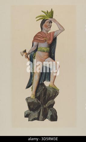 Ce magasin de cigares indien par Einar Heiberg, daté de 1935-1942, est une figure commerciale en bois représentant un amérindien, montrant des détails sculptés, coiffe, posture, peinture, et l'artisanat typique de la signalétique américaine du début du XXe siècle. Banque D'Images