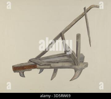 Herse ou cultivateur en bois fabriqué par Wilbur M Rice vers 1937, conçu pour un usage agricole pour briser le sol et préparer les champs, construit avec des composants en bois et en métal. Banque D'Images