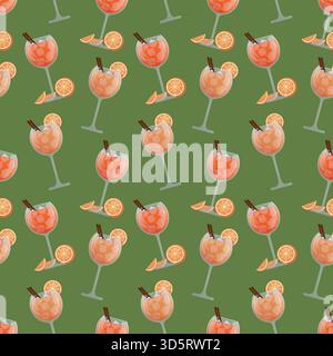 Modèle sans couture avec cocktail spritz avec glace et orange. Lunettes répétées sur un fond vert. Motif alimentaire mignon idéal pour l'emballage, les textiles Illustration de Vecteur