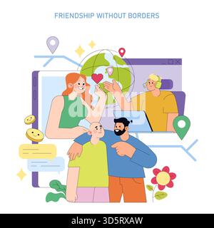 Illustration vectorielle illustrant l'amitié et la communication mondiales grâce à la technologie numérique. Diverses personnes se connectent à travers le monde, échangeant des gestes de camaraderie et de positivité. Illustration de Vecteur