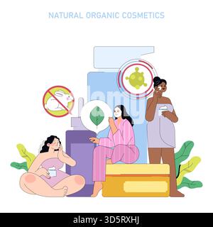 Illustration de trois femmes utilisant des produits de beauté bio, favorisant des ingrédients naturels et des soins de la peau sans cruauté. Inclut des symboles pour les soins de la peau bio et anti-cruauté. Illustration de Vecteur