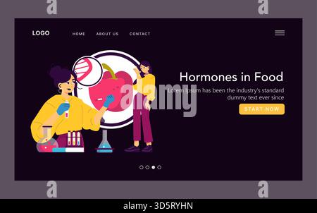 Illustration vectorielle de scientifiques examinant les hormones alimentaires. L'un tient un tube à essai tandis que d'autres étudient un gros fruit avec de l'ADN, illustrant le concept d'hormones dans la recherche alimentaire. Illustration de Vecteur