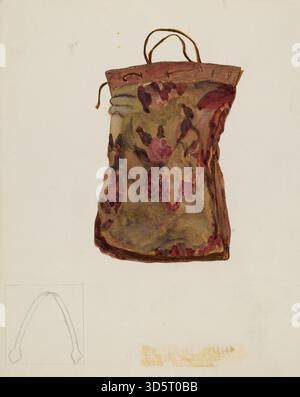 Un sac de tapis créé par Edna C. Rex vers 1937, fabriqué à partir de tissu tissé avec des poignées renforcées. Il était utilisé pour transporter des objets personnels et est caractéristique des bagages portables du début du XXe siècle. Banque D'Images