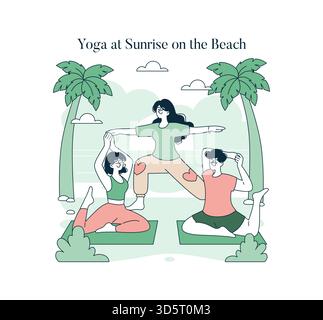 Illustration vectorielle de trois personnes pratiquant le yoga au lever du soleil sur une plage. Placées contre des palmiers et l'océan en toile de fond, elles effectuent des poses avec concentration et tranquillité. Illustration de Vecteur
