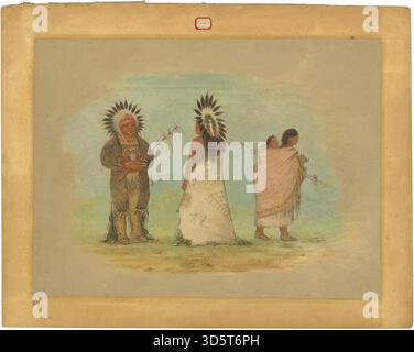 Cette œuvre de George Catlin, datée de 1861-1869, représente deux chefs Ottoe et une femme, montrant des vêtements traditionnels, des objets cérémoniels, des coiffures et des caractéristiques culturelles de la tribu Ottoe au XIXe siècle. Banque D'Images