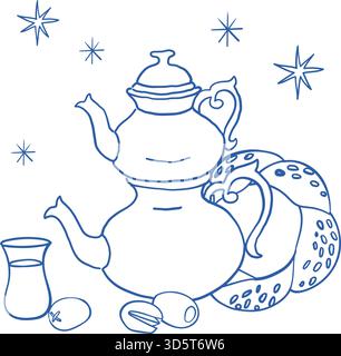Composition artistique graphique à la ligne bleue dessinée à la main avec de la nourriture et des boissons traditionnelles turques, du thé et du simit, dans un style méditerranéen Illustration de Vecteur