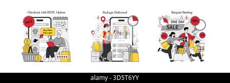Illustration vectorielle illustrant une expérience d'achat avec des options telles que le paquet de livraison Buy Now Pay Later Checkout et un événement de vente d'une journée mettant en vedette des acheteurs énergiques et des offres. Illustration de Vecteur