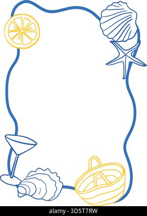 Carte dessinée à la main avec cadre et coquillages, étoiles de mer, citron, huître et dessins de verre à cocktail dans le style méditerranéen Illustration de Vecteur