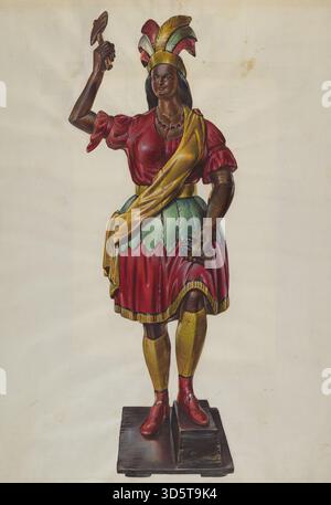 Un indien de magasin de cigares sculpté américain du XXe siècle datant d'environ 1938. Fait de bois et peint, la figure a servi d'élément publicitaire et décoratif de magasin, reflétant l'usage commercial et la tradition de l'art populaire. Banque D'Images