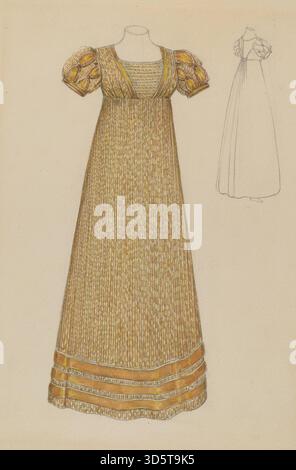 Illustration de Jessie M. Benge vers 1936 représentant une robe féminine formelle avec corsage ajusté, jupe évasée, textures de tissu, broderie et motifs décoratifs, représentant les tendances de la mode des années 1930. Banque D'Images
