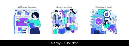 Illustration vectorielle représentant une femme s'engageant dans des achats en réalité augmentée. La scène comprend des éléments numériques tels que des pourcentages et des flèches, mettant l'accent sur la vente en ligne interactive. Illustration de Vecteur