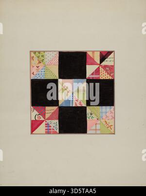 Une section de courtepointe vers 1940 par Cornelius Christoffels et Margaret Linsley montrant des segments de tissu, des motifs cousus, des motifs, des textures, des contrastes de couleurs, et l'art textile fonctionnel pour la literie ou l'affichage. Banque D'Images
