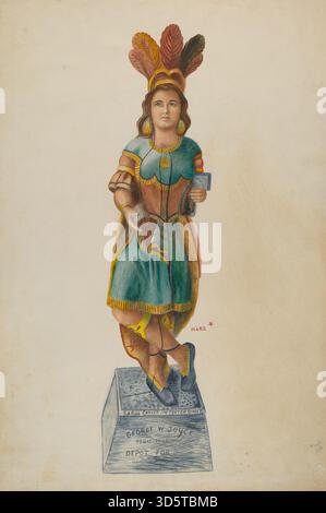 Magasin de cigares en bois Indian, American 20th Century, 1935-1942, représentant une figure amérindienne avec des traits peints et des vêtements traditionnels, utilisé pour la publicité du magasin. Banque D'Images