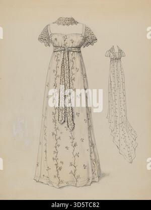 Illustration de Jessie M. Benge vers 1936 montrant une robe avec corsage ajusté, jupe évasée, textures détaillées de tissu, broderie et motifs décoratifs reflétant la mode féminine formelle dans les années 1930 Banque D'Images