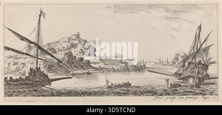 Gravure de Stefano Della Bella montrant deux galères et leurs lancements, avec l'anatomie détaillée du navire, les voiles, le gréement, l'eau et la composition maritime, daté en 1647 ou avant. Banque D'Images