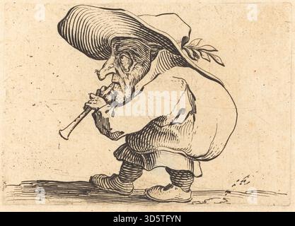 Une gravure de 1622 de Jacques Callot représentant un musicien jouant du flageolet, un petit instrument à vent. La composition met l'accent sur la posture, les vêtements, les détails de l'instrument et les traits expressifs du visage, reflétant la musique et la gravure européennes du début du XVIIe siècle. Banque D'Images