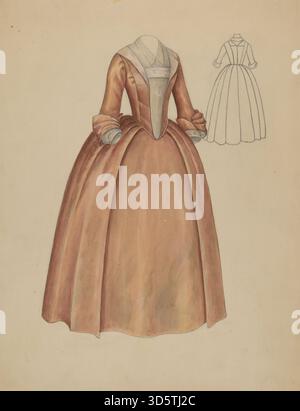 Illustration de Jessie M. Benge vers 1936 montrant une robe avec corsage ajusté, jupe fluide, textures détaillées, broderies et éléments décoratifs, reflétant la mode formelle des femmes américaines des années 1930. Banque D'Images