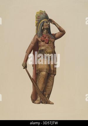 Magasin de cigares en bois indien du XXe siècle américain, 1935-1942, figure sculptée peinte en tenue traditionnelle autochtone, servant de publicité pour les détaillants de tabac. Banque D'Images