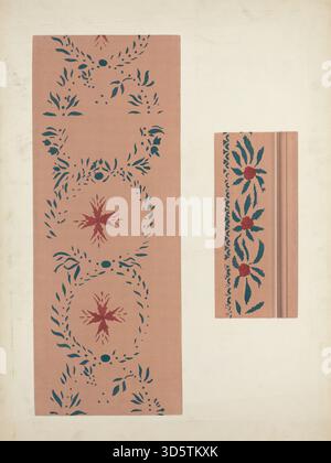 Pochoir mural de Ray Holden et Edward DiGennero, 1935–1942, montrant un motif décoratif répété appliqué sur une surface murale, mettant en évidence le design, la couleur et le style de décoration intérieure américain du XXe siècle. Banque D'Images