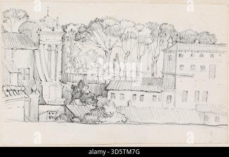 Cette peinture représente les toits des bâtiments romains, mettant en évidence la disposition, la conception et les matériaux utilisés dans la construction. La vue capture la densité des structures urbaines et le style architectural typique de la Rome historique. Banque D'Images