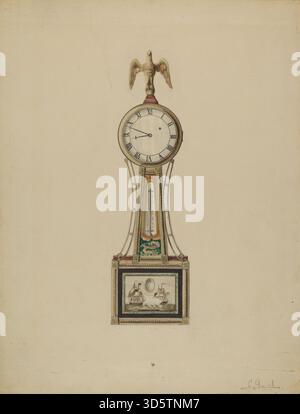 Horloge banjo créée par Nicholas Gorid vers 1936. Cette montre dispose d'un corps long et étroit avec cadran d'horloge circulaire et pendule, caractéristique de la conception d'horloge américaine du début du XXe siècle. Banque D'Images