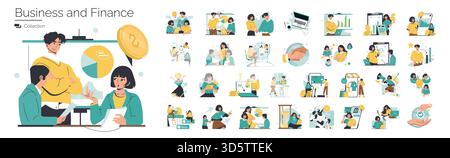 Ensemble d'illustrations vectorielles représentant divers concepts commerciaux et financiers, y compris le travail d'équipe, l'analyse financière et la planification stratégique, avec des individus interagissant avec des graphiques, des graphiques et des pièces de monnaie. Illustration de Vecteur