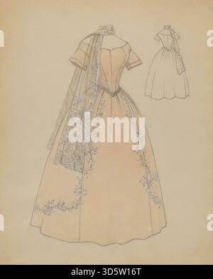 Illustration de Jessie M. Benge vers 1936 représentant une robe avec corsage détaillé, jupe complète, plis de tissu, broderie décorative et motifs, représentant la mode formelle des femmes des années 1930 Banque D'Images