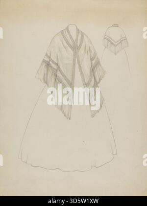 Une illustration vers 1936 par Jessie M. Benge montrant un châle Shaker. L'œuvre présente un motif textile tissé, des plis drapés et un design géométrique simple, reflétant un artisanat fonctionnel et modeste. Banque D'Images