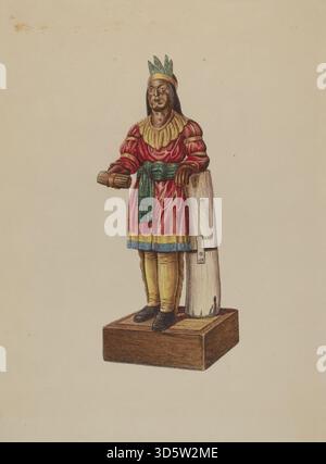 Magasin de cigares américain du XXe siècle indien, 1935–1942, figure en bois sculptée et peinte représentant des vêtements amérindiens, utilisé à l'extérieur des magasins de tabac pour la publicité. Banque D'Images