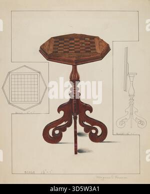 Table conçue par Magnus S Fossum vers 1936, connue sous le nom de table à damier Tilt Top. La table en bois présente un motif en damier sur le dessus, un mécanisme d'inclinaison, quatre pieds et une menuiserie traditionnelle. Banque D'Images