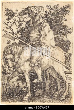 Cette gravure des années 1520 de Barthel Beham représente un halberdier à cheval, montrant armure, arme, pose montée, anatomie du cheval, et la composition militaire de la Renaissance. Banque D'Images