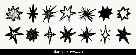 Ensemble étoile de crayon dessiné à la main avec texture crayon rugueuse. Esquissez des étoiles de gribouillage dans différentes formes et formes abstraites. Parfait pour tissu, papier peint Illustration de Vecteur