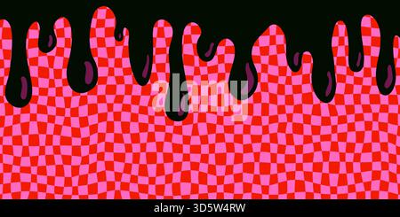 Fond de damier psychédélique avec des carrés déformés rouges et roses et de la peinture noire qui coule dans un style groovy. Motif de damier psychédélique avec gras Illustration de Vecteur