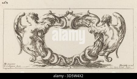 Cartouche de François Collignon d'après Stefano Della Bella, datée d'environ 1646, présentant des éléments de design ornemental, y compris des volutes, des motifs floraux et des panneaux encadrés, utilisés comme gravure décorative ou embellissement d'impression dans le cadre européen du XVIIe siècle Banque D'Images