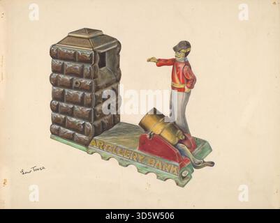 Cette banque d'artillerie jouet en fonte de Lew Tower, vers 1937, est une petite banque en métal peint en forme de pièce d'artillerie, combinant jeu et stockage de pièces dans la conception de jouets du milieu du XXe siècle. Banque D'Images