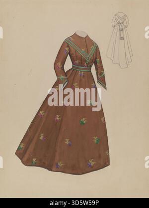Illustration par Jessie M. Benge vers 1936 représentant une robe formelle avec corsage ajusté, jupe évasée, textures de tissu, broderie et motifs décoratifs caractéristiques de la mode féminine des années 1930. Banque D'Images